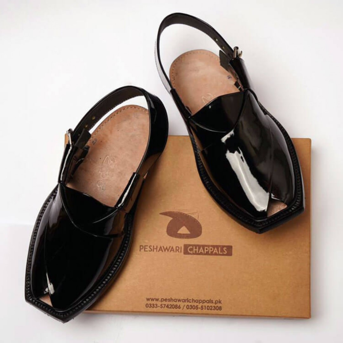 Handmade Black Patent Leather Chappal with Single Sole