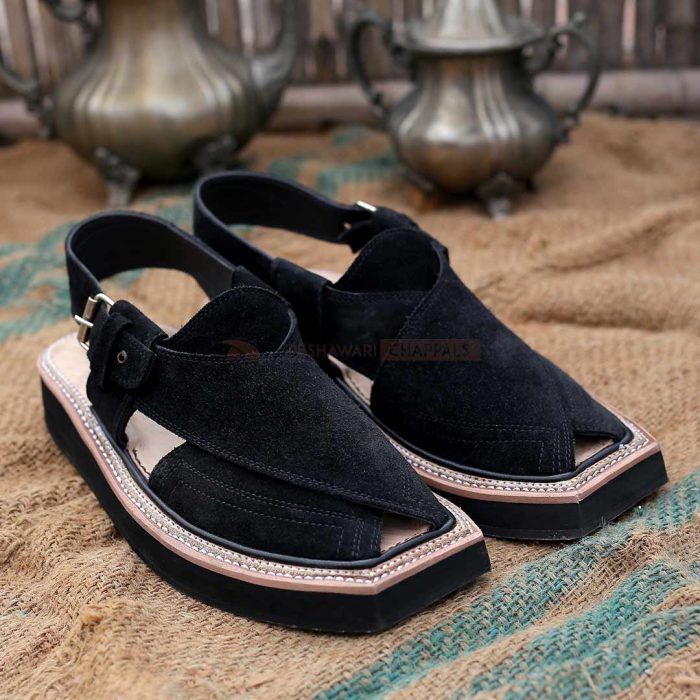 Handmade Black Suede Kaptaan Leather Chappal With Light Weight