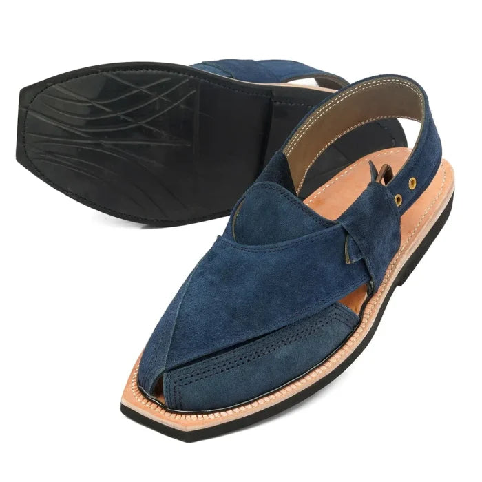 Hand Crafted Blue Suede Quetta Norozi Chappal With Single Sole