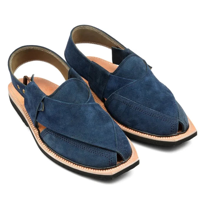 Hand Crafted Blue Suede Quetta Norozi Chappal With Single Sole