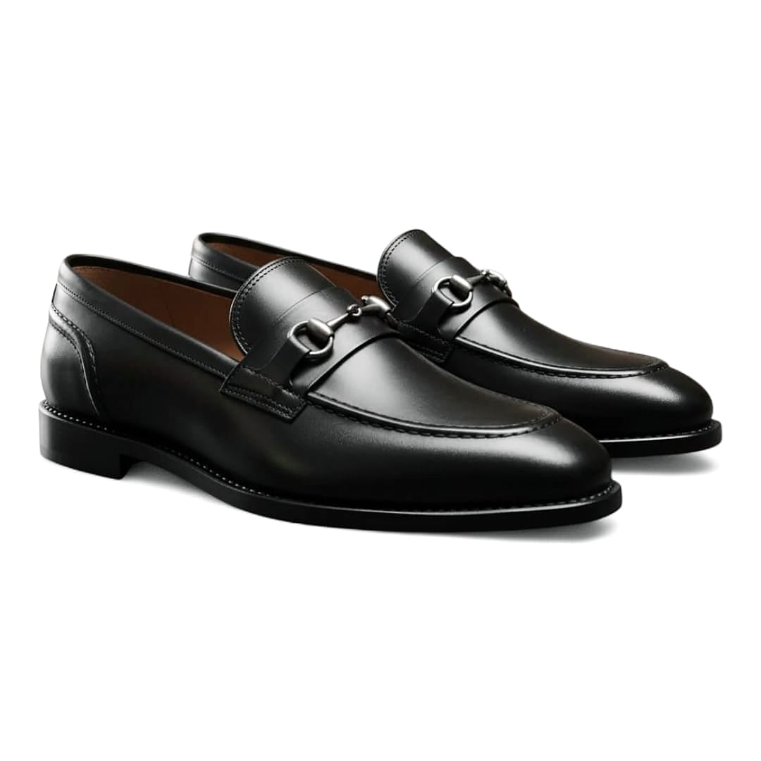 Men’s Black Leather Horsebit Loafers with Leather Sole - 092153