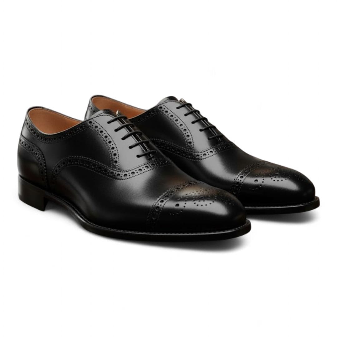 Black Cow Leather Brogue Oxford Shoes with Leather Sole - 092154