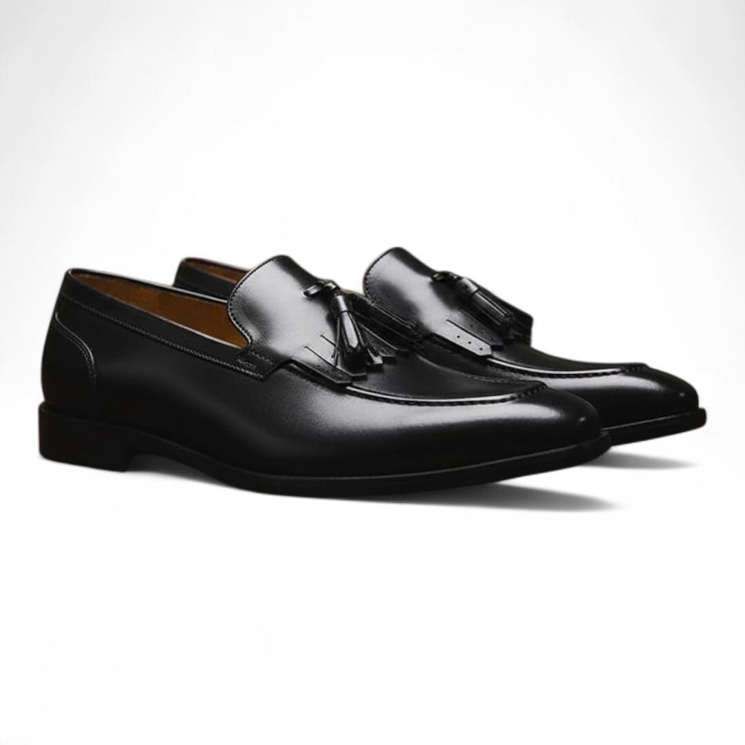 Men’s Black Leather Penny Loafers with Leather Sole - 092157
