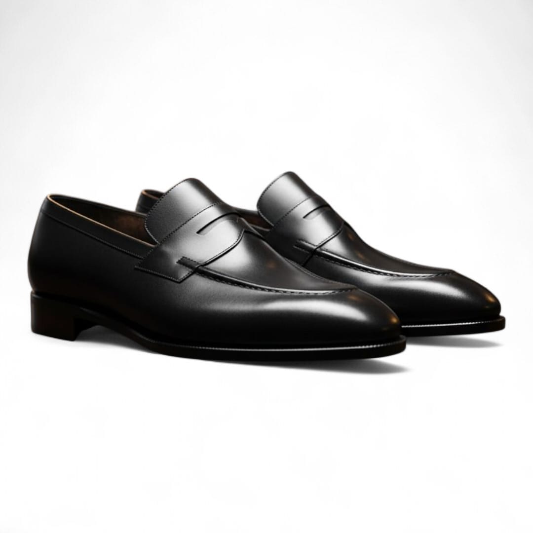 Men’s Black Leather Penny Loafers with Leather Sole - 092158