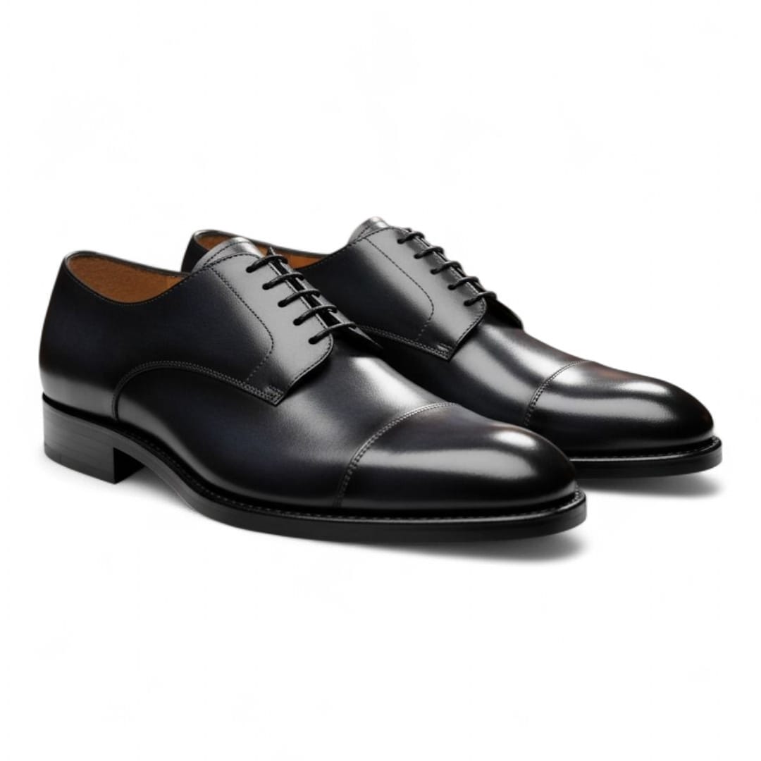 Black Toe Cap Derby Leather Shoes with Leather Sole - 092151