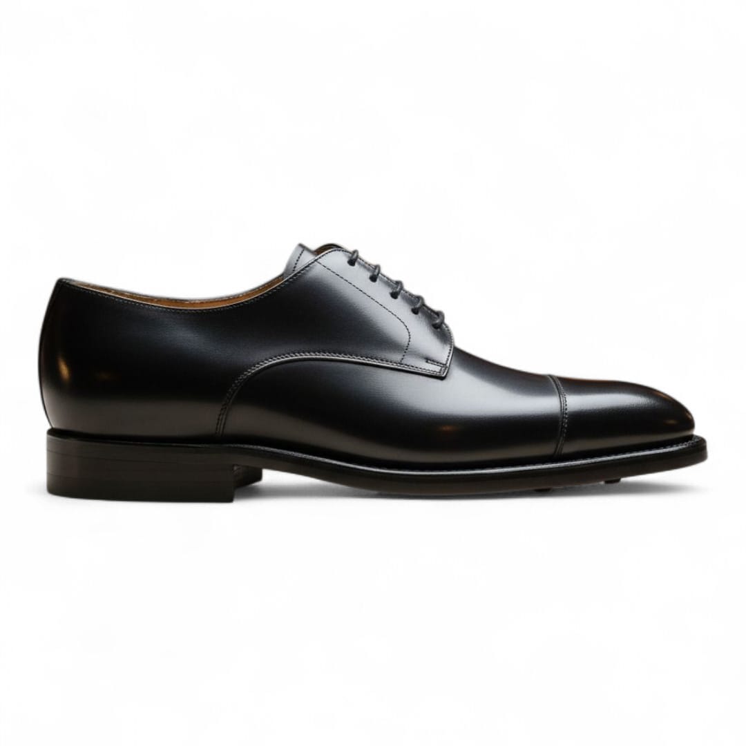 Black Toe Cap Derby Leather Shoes with Leather Sole - 092151