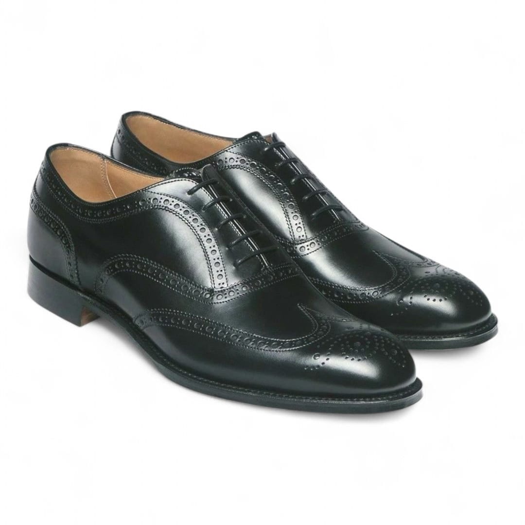 Hand-Crafted Black Brogue Oxford Leather Shoes with Leather Sole - 092156