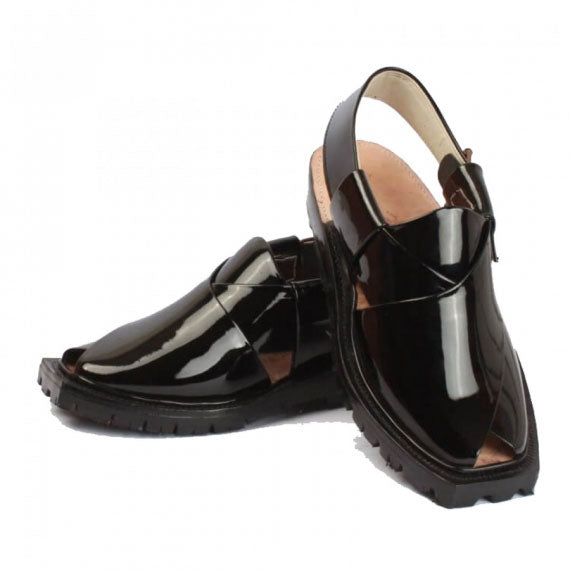 Handmade Black Patent Leather Chappal with Double Sole