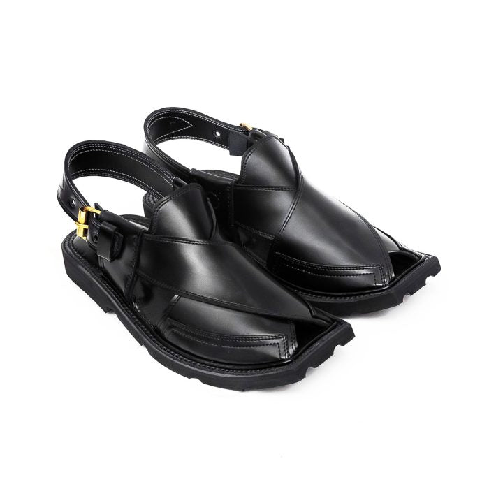 Black Peshawari Chappal with Double Tire Sole – 092144