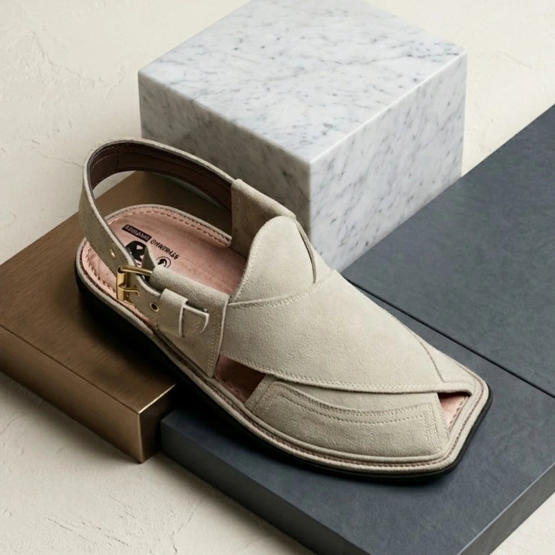 Beige Suede Leather Peshawari Chappal – Lightweight with Padded Insole