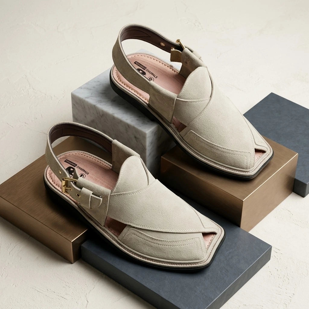 Beige Suede Leather Peshawari Chappal – Lightweight with Padded Insole