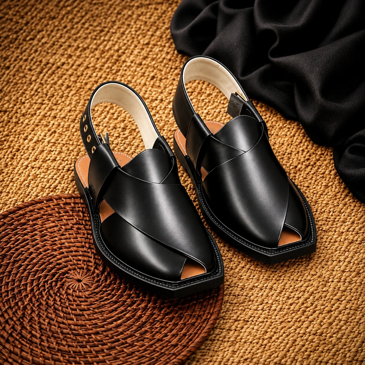 Handmade Black Norozi Leather Chappal with Leather Sole