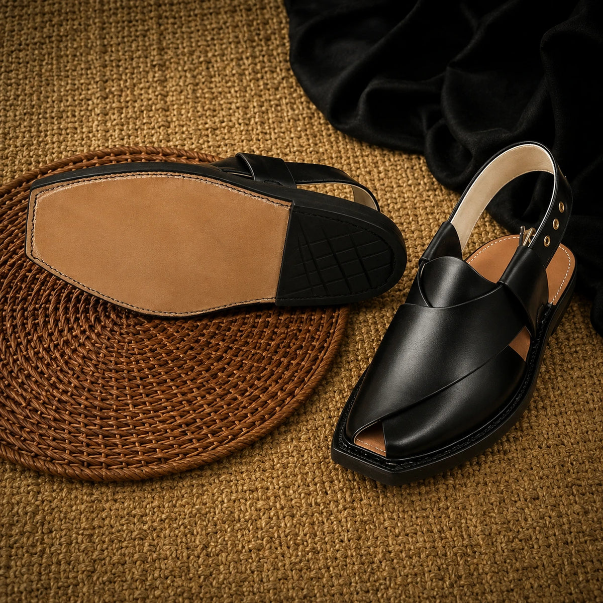 Handmade Black Norozi Leather Chappal with Leather Sole