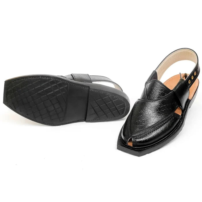 Midnight Black Printed Leather Quetta Norozi Chappal 