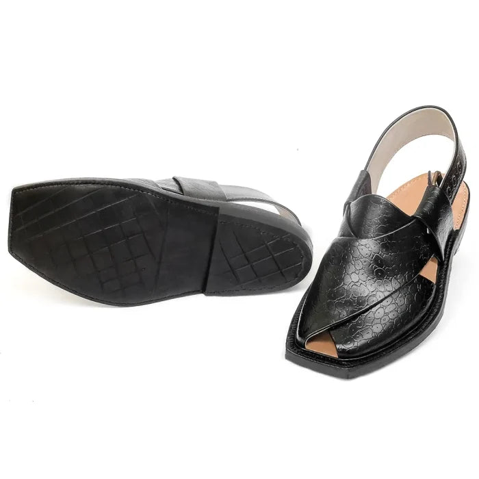 Black Printed Leather Quetta Norozi Chappal 