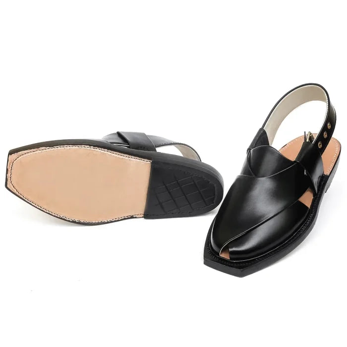Black Leather Norozi Chappal With Leather Sole