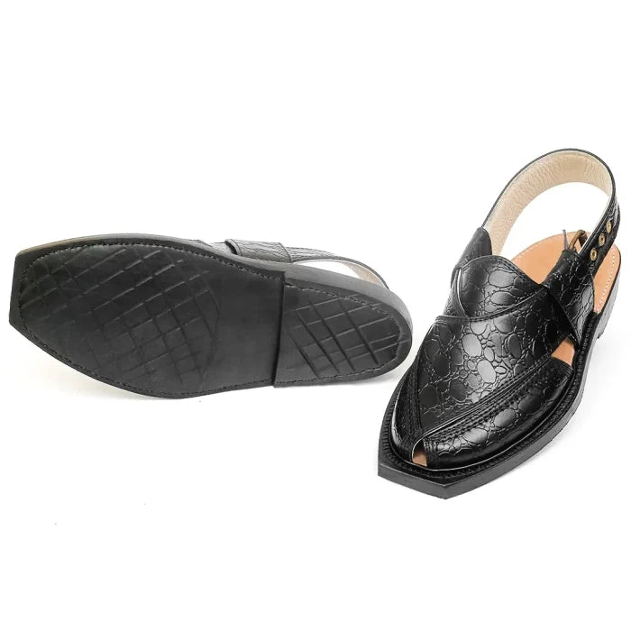 Black Printed Leather Quetta Norozi Chappal