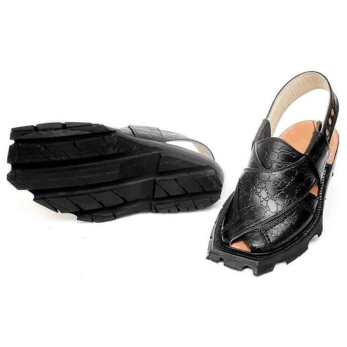 Handmade Black Printed Leather Shikari Leather Chappal – 092392