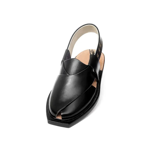 Black Leather Norozi Chappal With Leather Sole