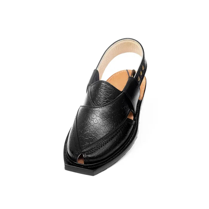 Midnight Black Printed Leather Quetta Norozi Chappal 