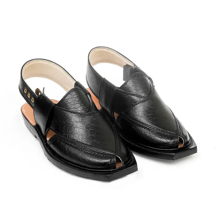 Midnight Black Printed Leather Quetta Norozi Chappal 