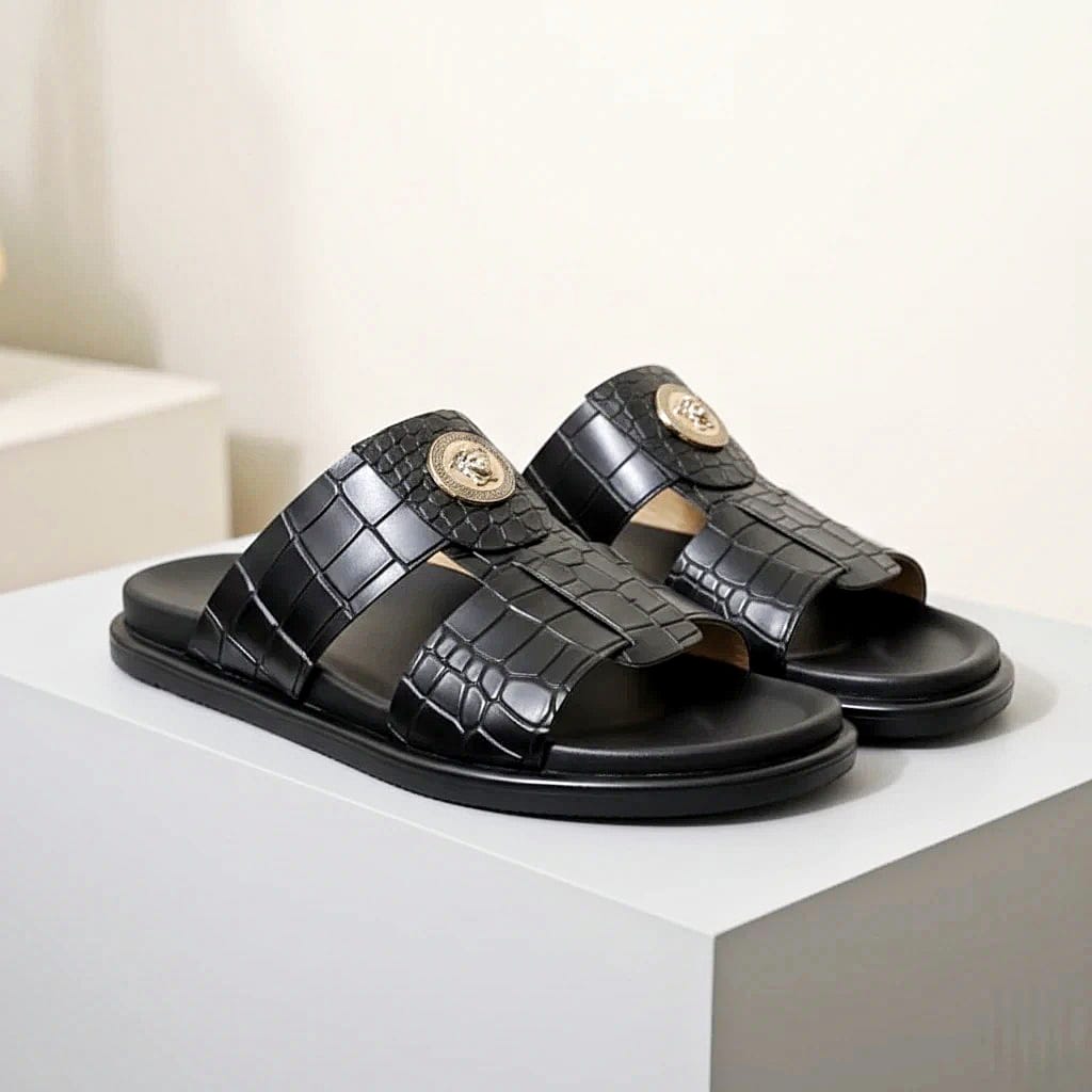 Men’s Black Croco-Textured Broad Toe Strap Leather Slippers - 092204