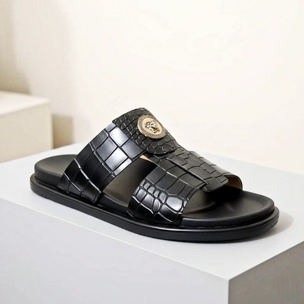 Men’s Black Croco-Textured Broad Toe Strap Leather Slippers