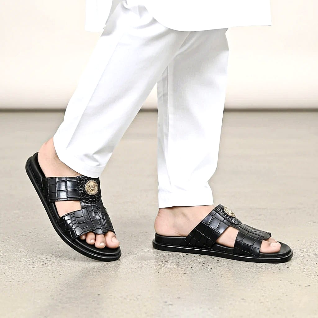 Men’s Black Croco-Textured Broad Toe Strap Leather Slippers - 092204