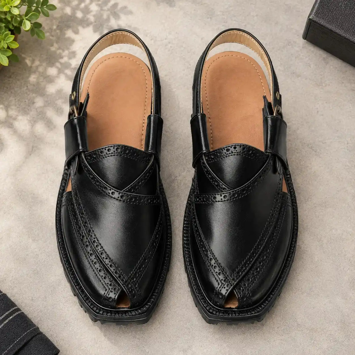 Handmade Black Brock Quetta Norozi Leather Chappal