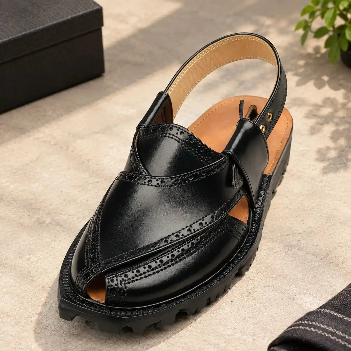 Handmade Black Brock Quetta Norozi Leather Chappal