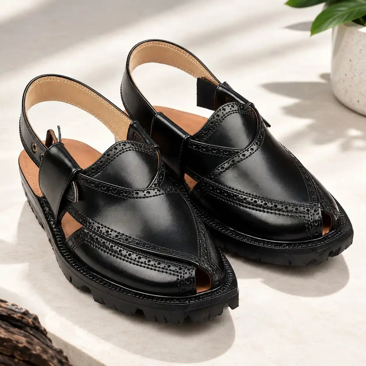 Handmade Black Brock Quetta Norozi Leather Chappal
