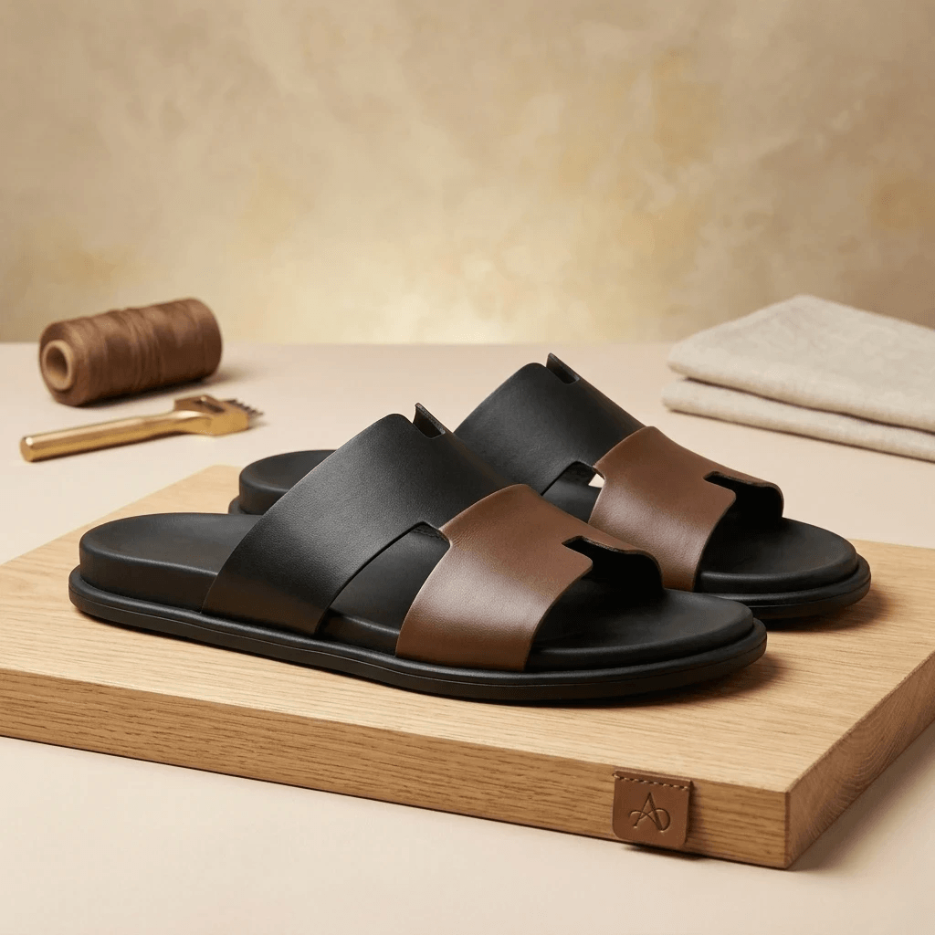Men’s Black & Mustard Leather Slippers with Soft Padded Insole