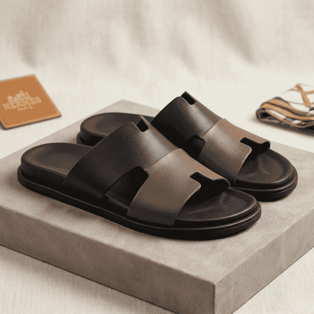 Men’s Black & Mustard Leather Slippers with Soft Padded Insole
