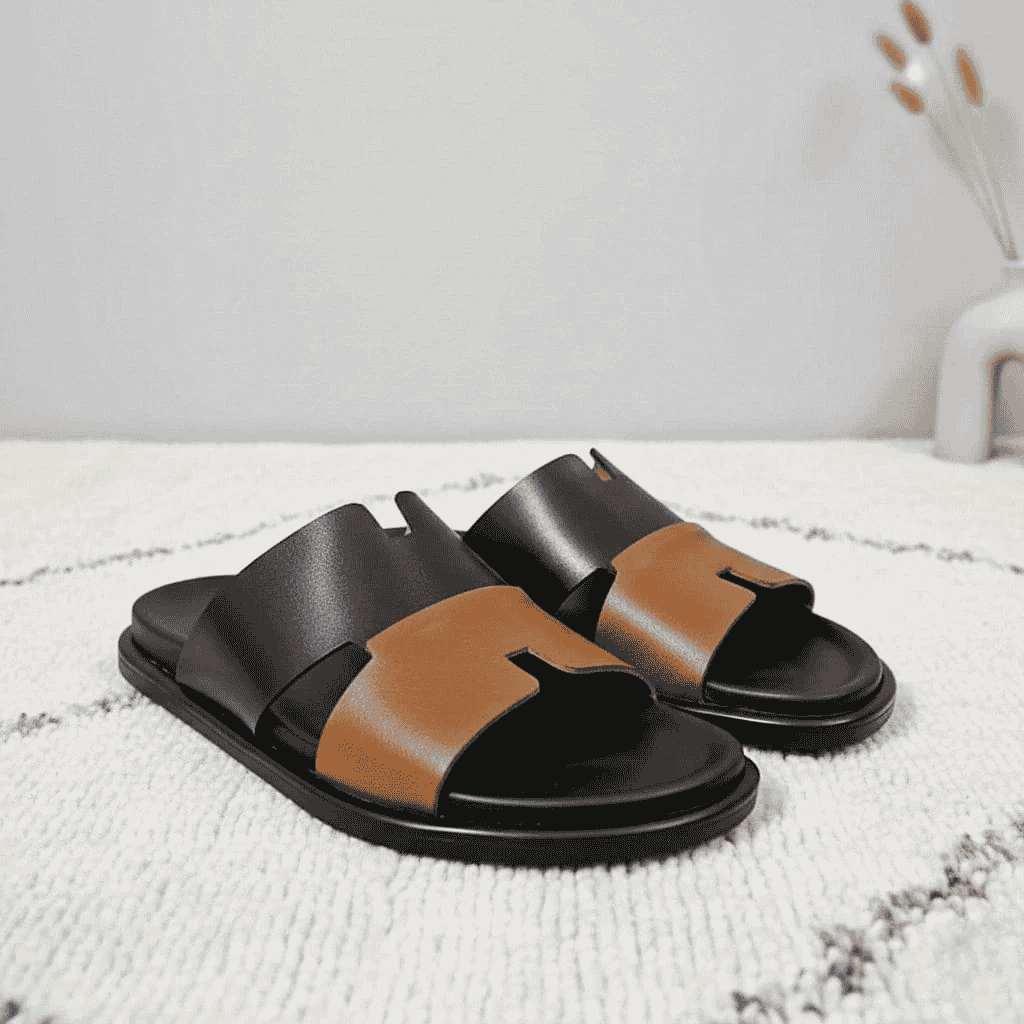 Men’s Black & Mustard Leather Slippers with Soft Padded Insole - 092202