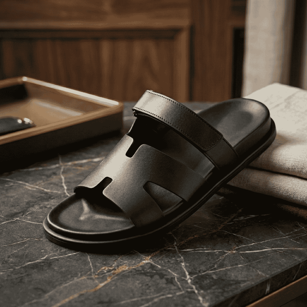 Men’s Black Genuine Leather Comfort Slides with Adjustable Strap