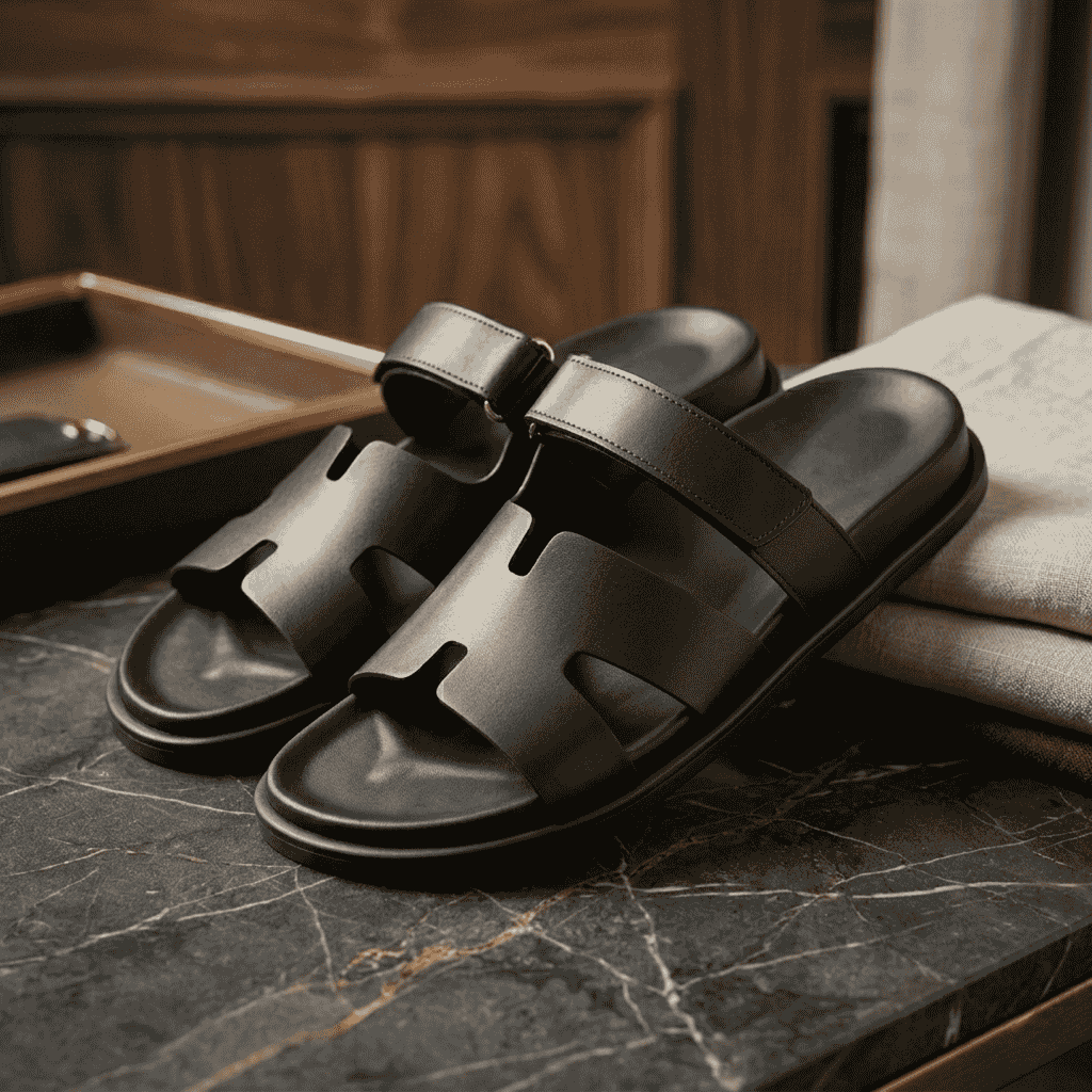 Men’s Black Genuine Leather Comfort Slides with Adjustable Strap
