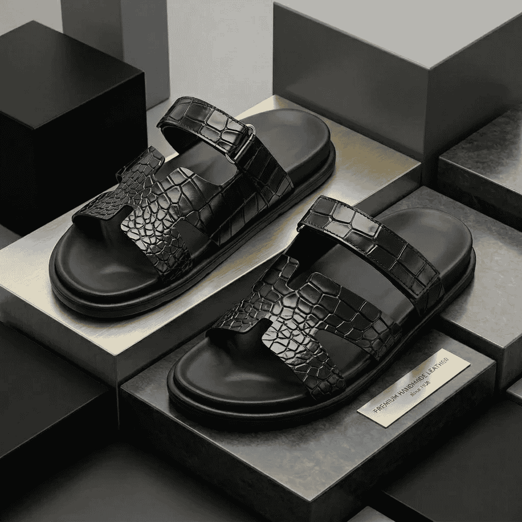 Men’s Black Genuine Printed Leather Slippers with Soft Comfort Insole