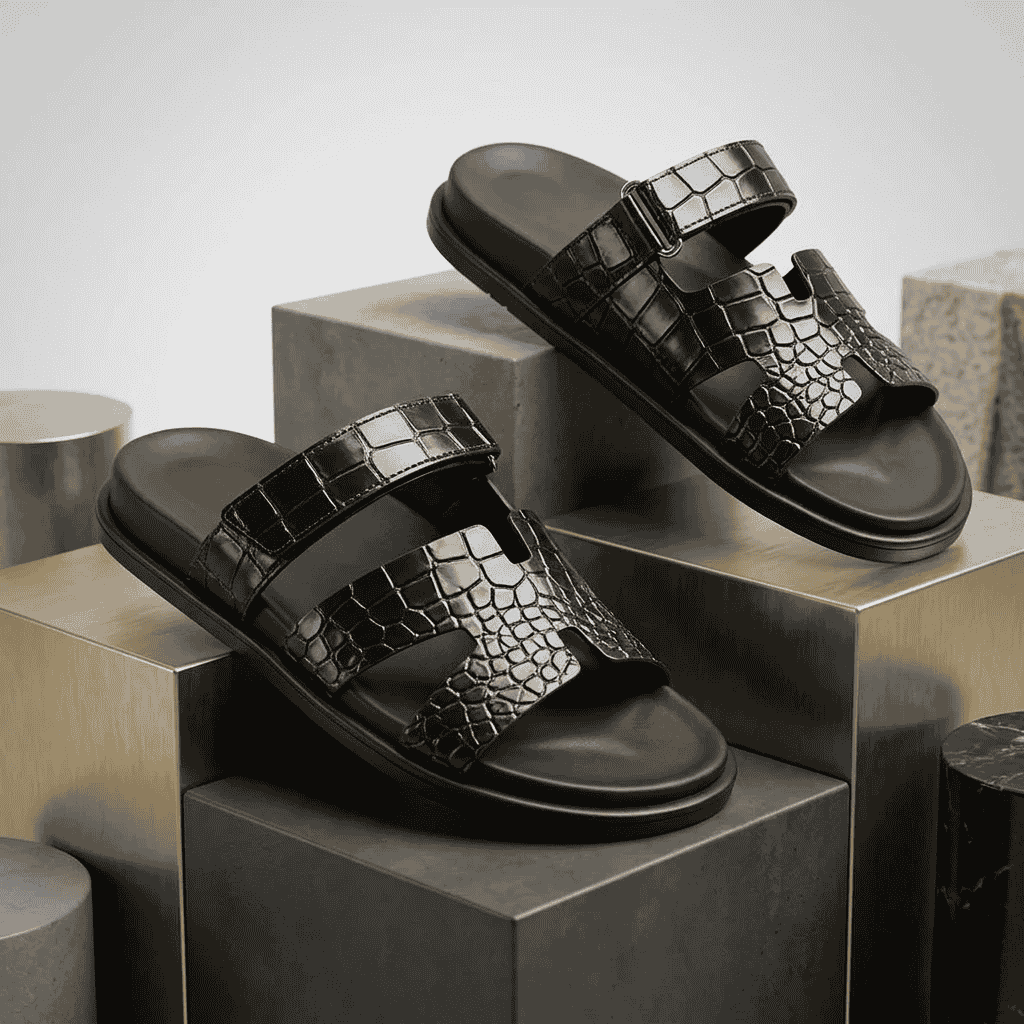 Men’s Black Genuine Printed Leather Slippers with Soft Comfort Insole