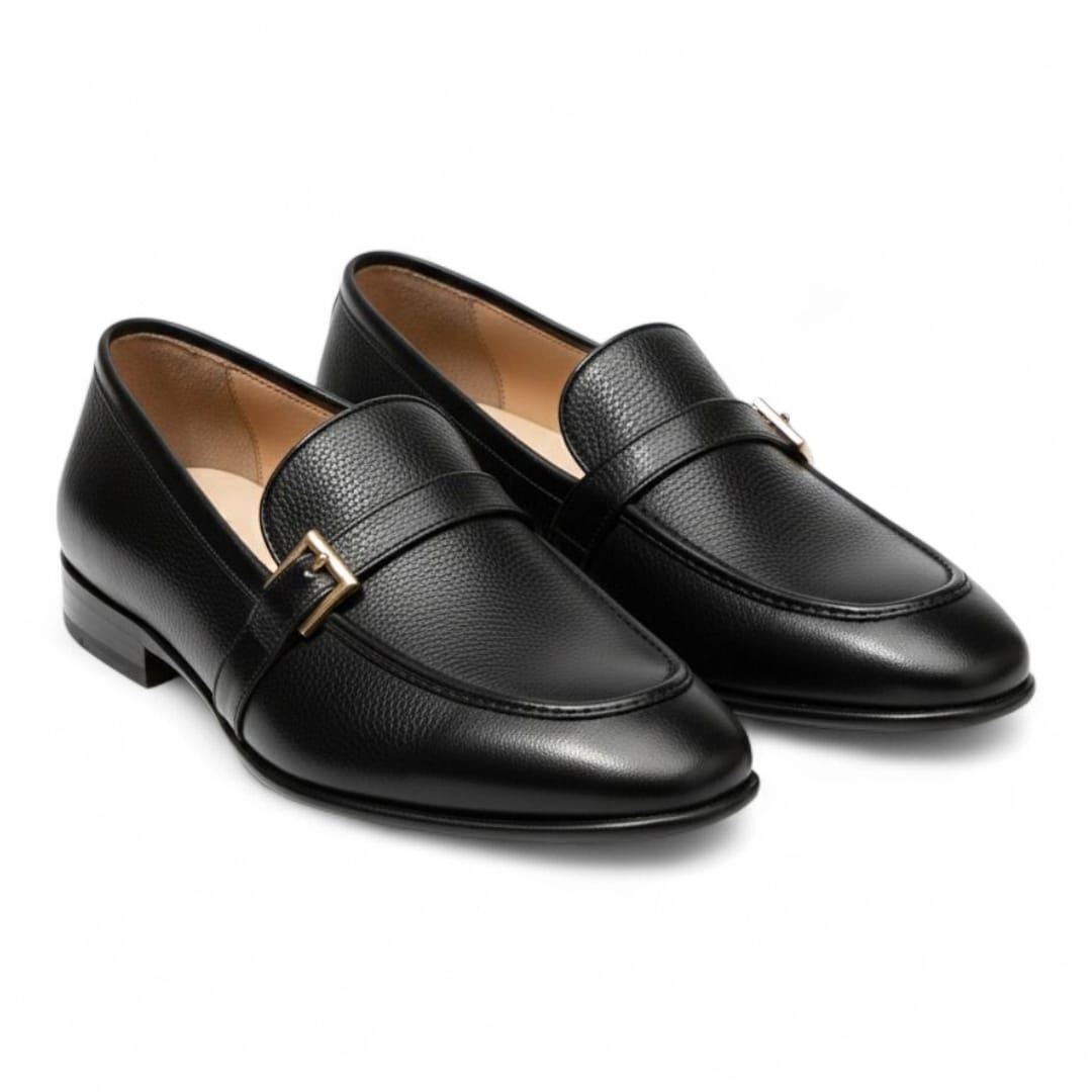 Men’s Leather Penny Loafers with Elegant Buckle - 092131