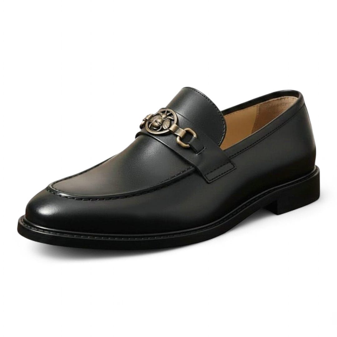 Handcrafted Men’s Black Penny Loafers with Buckle & Leather Sole