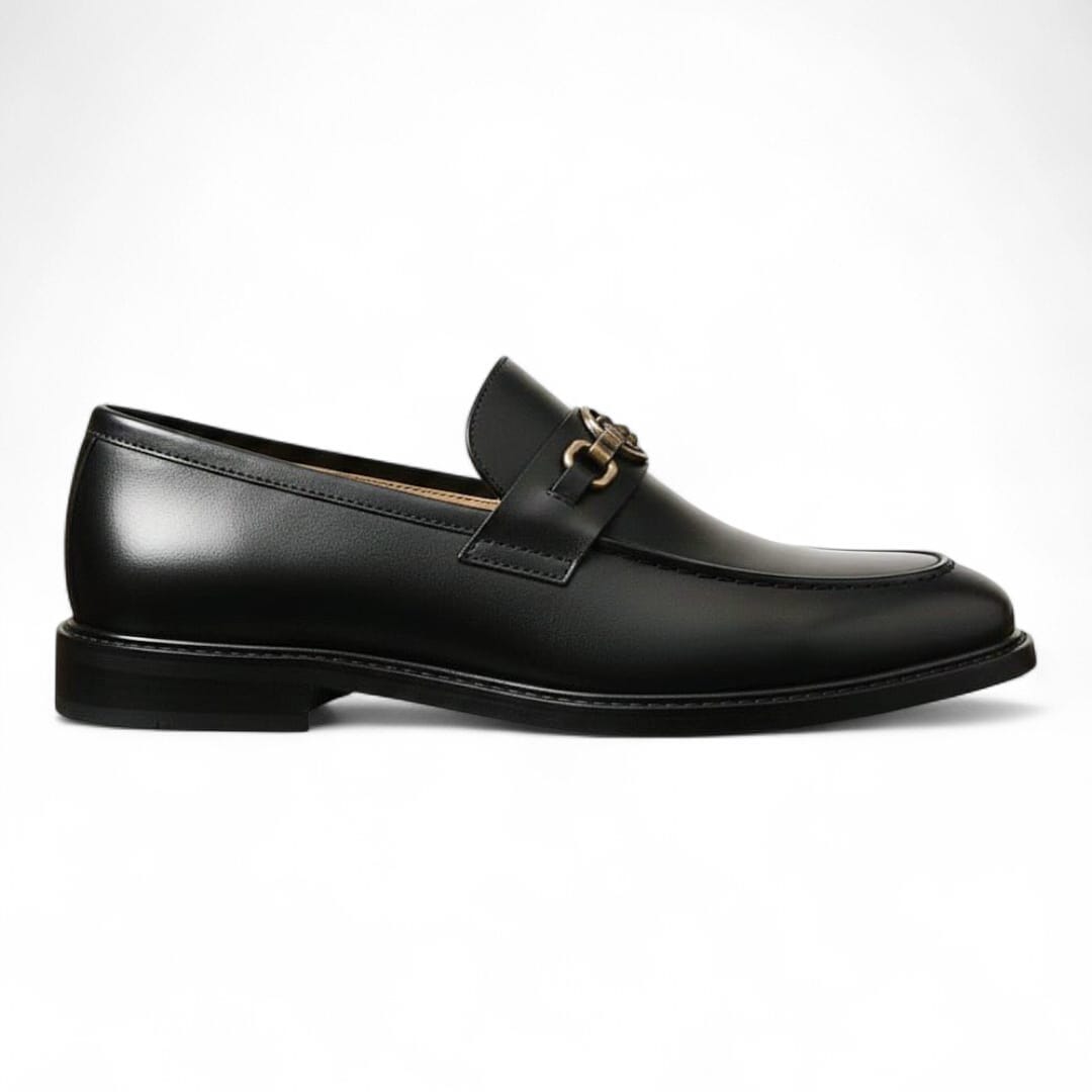 Handcrafted Men’s Black Penny Loafers with Buckle & Leather Sole