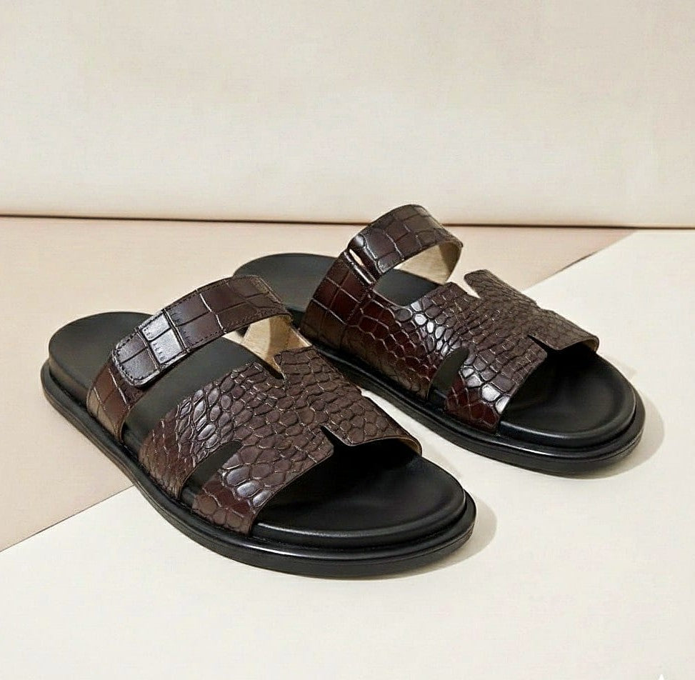 Men’s Genuine Printed Leather Comfort Slides – Adjustable Strap Design