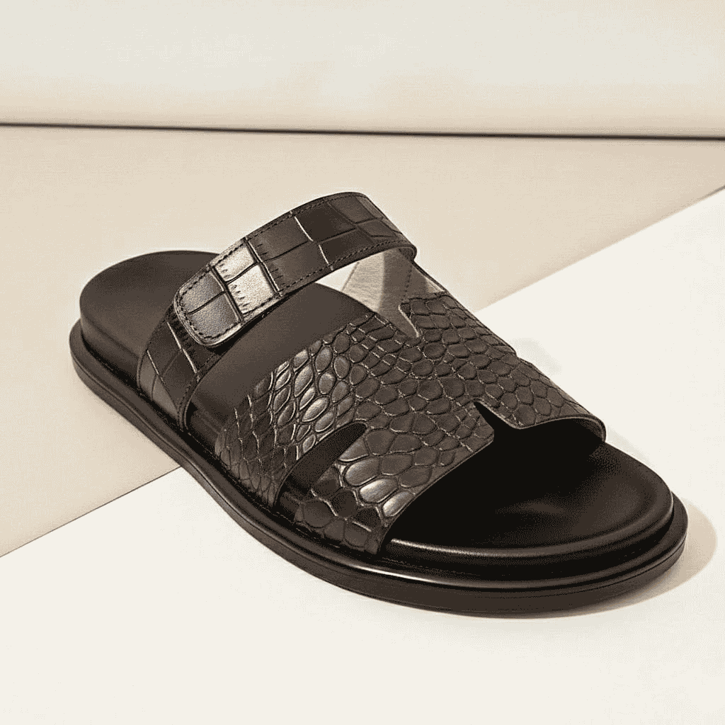 Men’s Genuine Printed Leather Comfort Slides – Adjustable Strap Design
