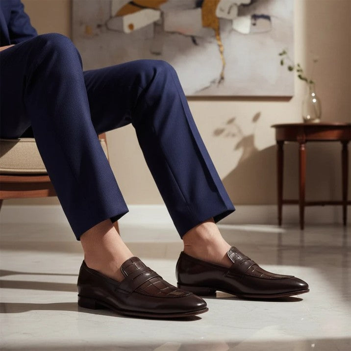 Men’s Brown Leather Penny Loafers with Leather Sole - 092158