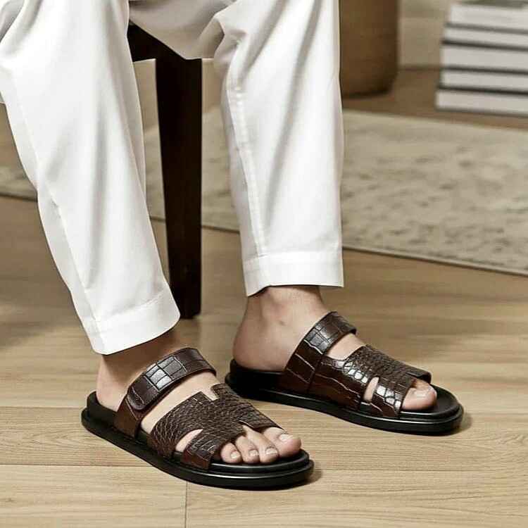 Men’s Genuine Printed Leather Comfort Slides – Adjustable Strap Design