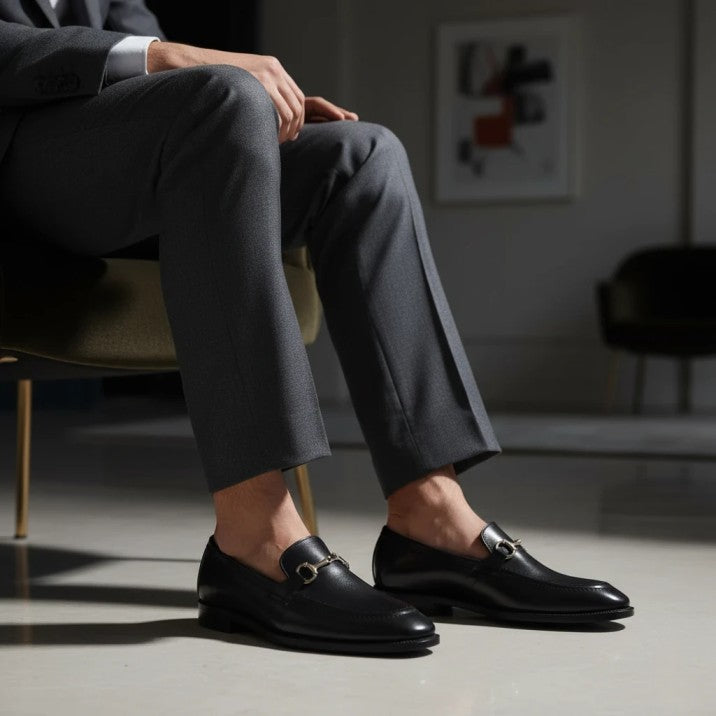 Black Leather Horsebit Loafers with Leather Sole - 092160