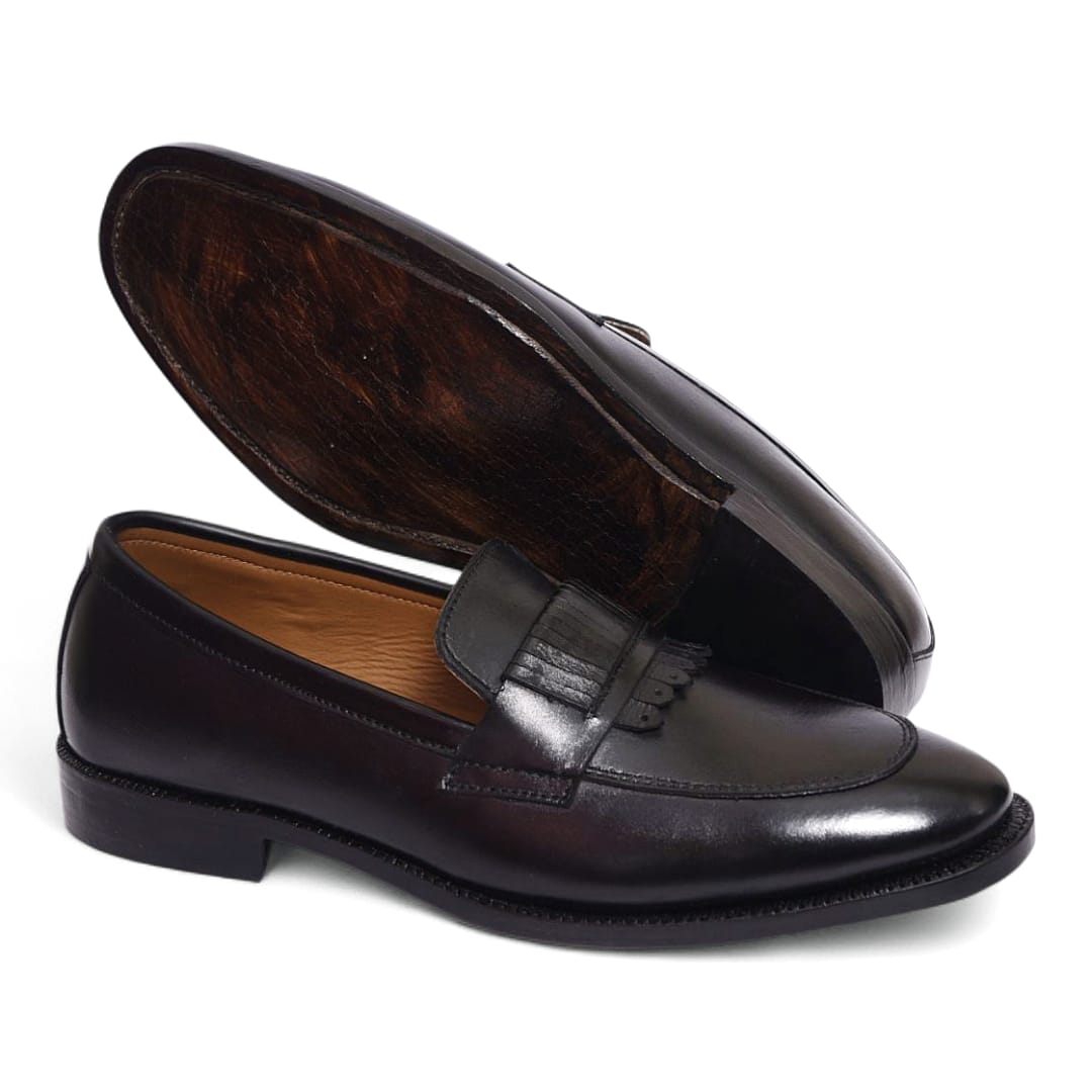 Men’s Black Leather Penny Loafers with Leather Sole - 092157