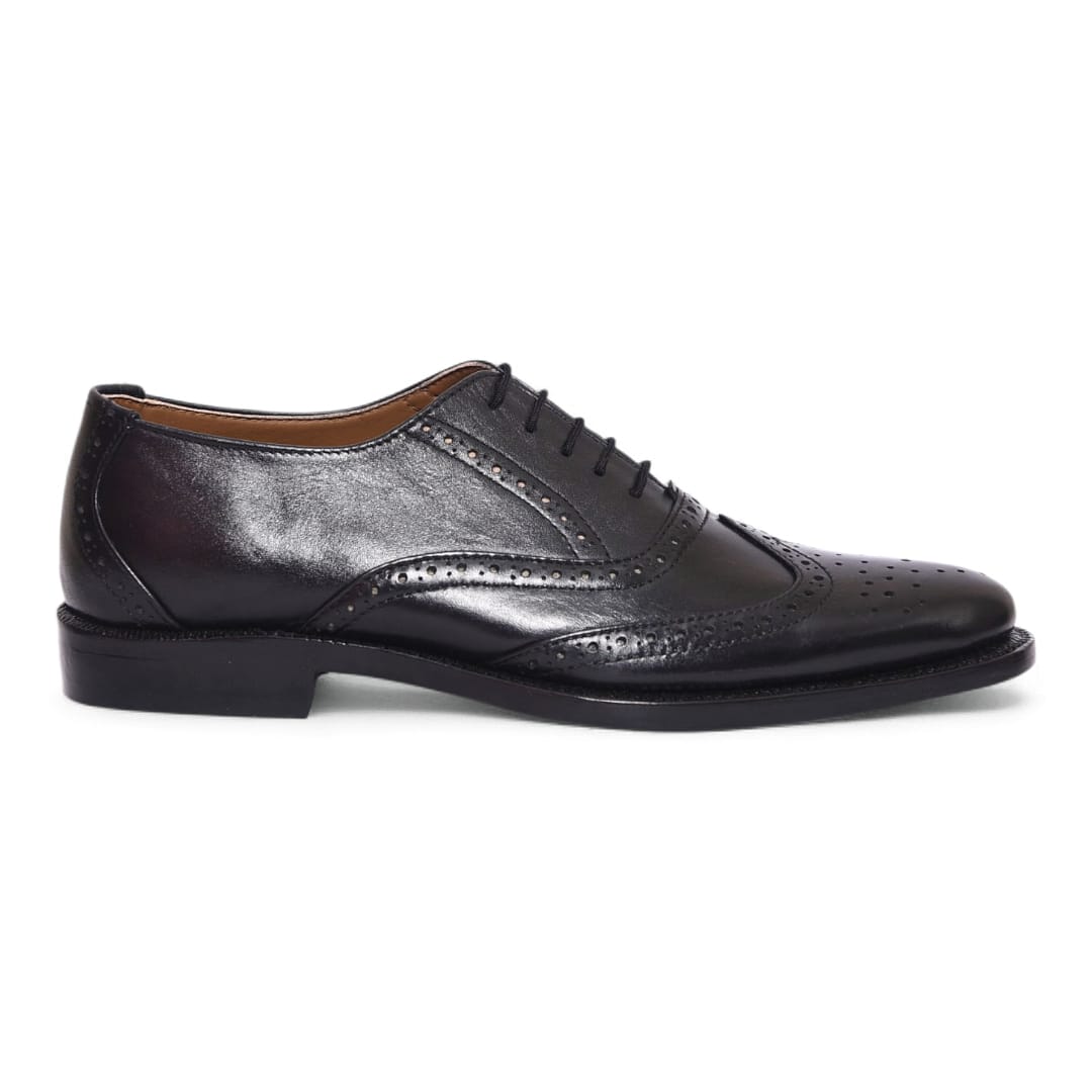 Hand-Crafted Black Brogue Oxford Leather Shoes with Leather Sole - 092156