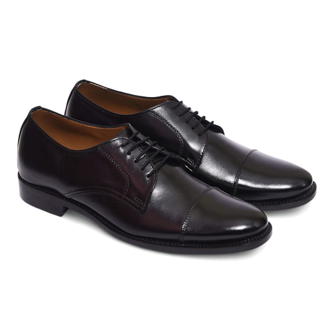 Black Toe Cap Derby Leather Shoes with Leather Sole - 092151