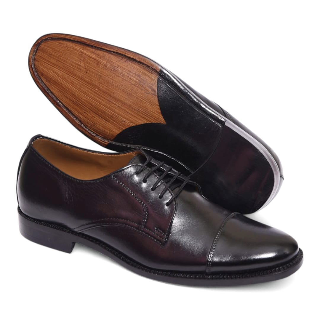 Black Toe Cap Derby Leather Shoes with Leather Sole - 092151